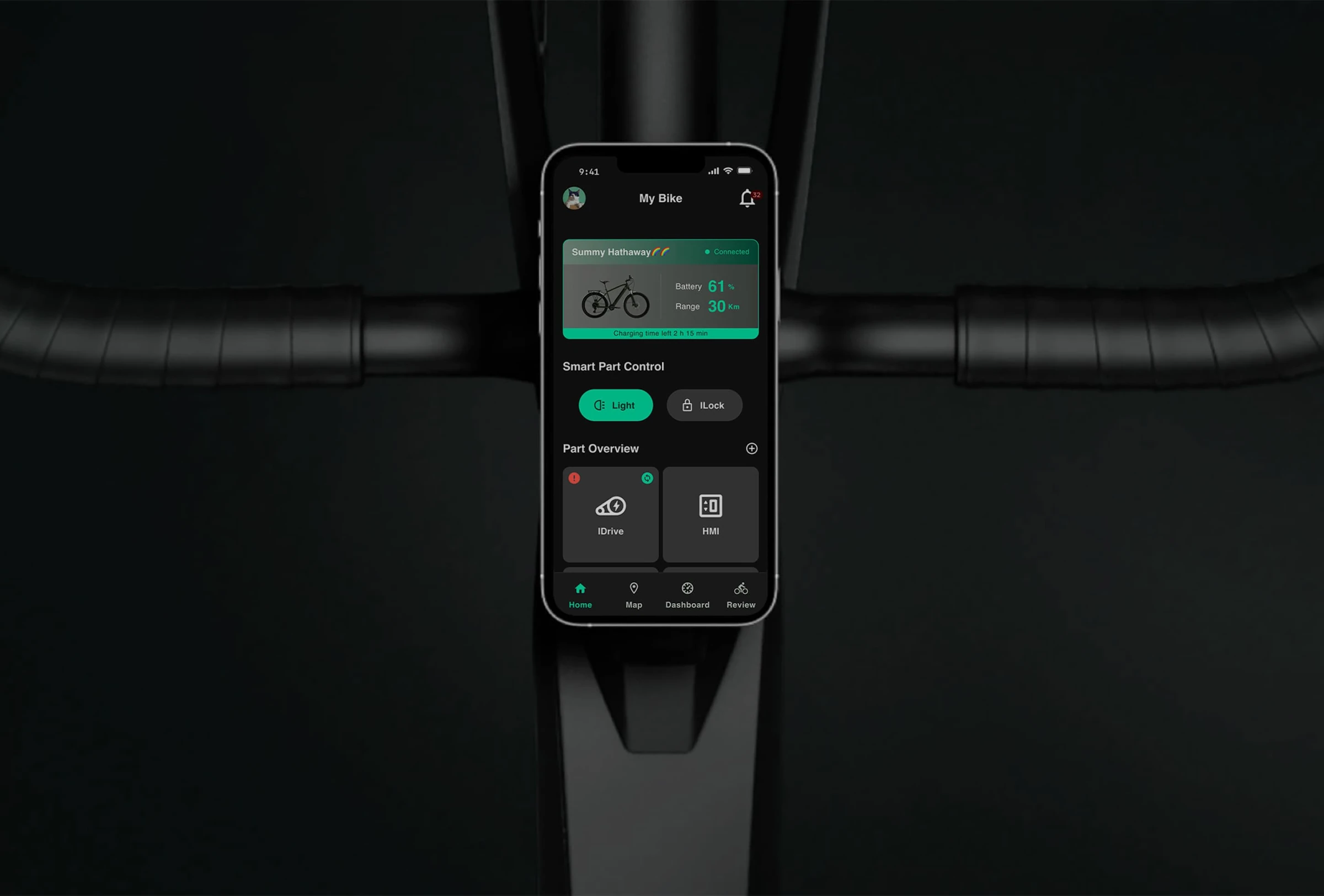 Hyena Rider Assistant mobile app shown on a phone centered on bicycle handlebars